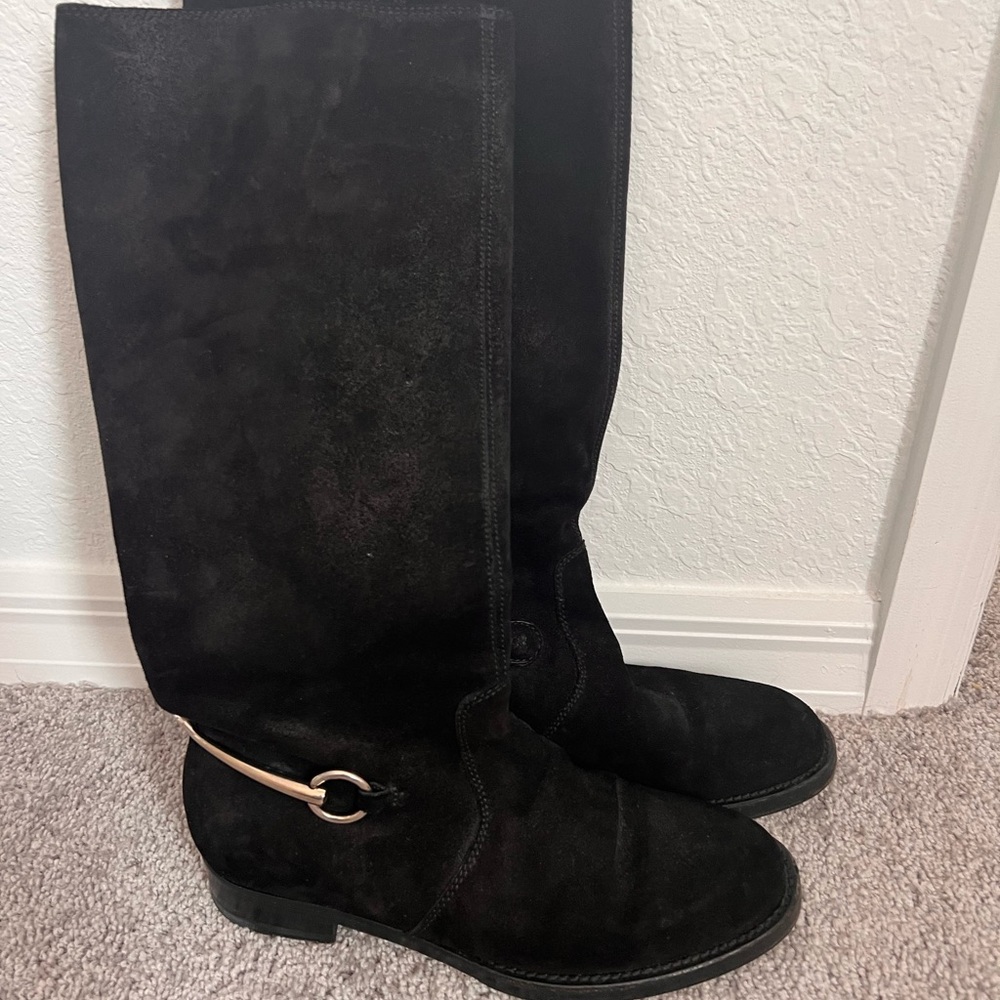 Gucci Women's Black Horsebit Flat Suede Tall Knee Boots sz 8.5(38.5)354004